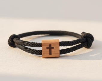Cross Bracelet : Personalized Wooden Christian Bracelet | Adjustable Milan Rope | Faith Jewelry | Multiple Colors