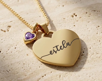 Personalized Heart Pendant with Engraved Name and Birthstone | Minimalist Jewelry Gift