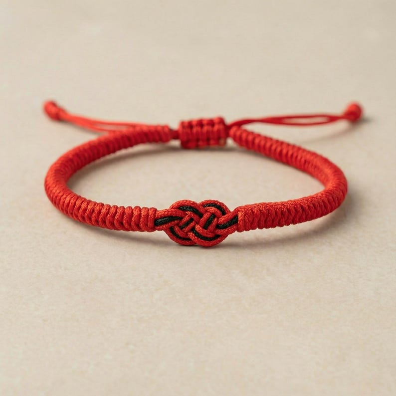 Op de afbeelding: Een rode verstelbare armband met een centraal knoopontwerp en zwarte details. De armband is gemaakt van een geweven rood koord en heeft een schuifknoopsluiting voor een aanpasbare pasvorm. Een eenvoudig maar elegant accessoire.