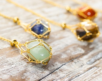 Crystal Holder Necklace, Interchangeable Crystal Necklace Holder, Minimalist golden necklace with natural stones