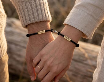 Personalized Couple Bracelets, Engraved Stainless Steel, Milan Rope, Magnetic Closure