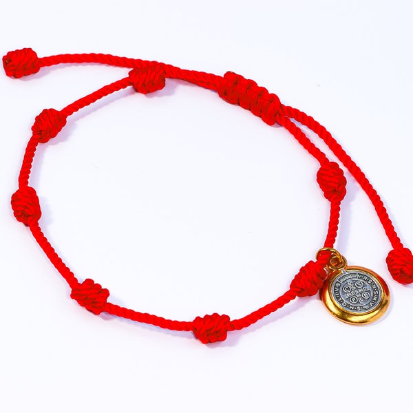Bracelet 7 noeuds avec médaille saint Benoît, bracelets familiaux amulette protection contre le mauvais œil mère père enfants bracelet rouge chance destin
