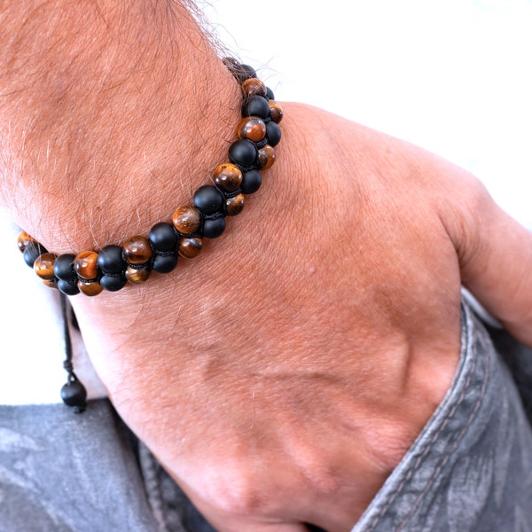 Bracelet en onyx et oeil de tigre - Perles mates - Bracelet de perles de pierres précieuses - Homme et femme - Bracelet de l'amitié - Bracelet pour homme - Bracelet bohème