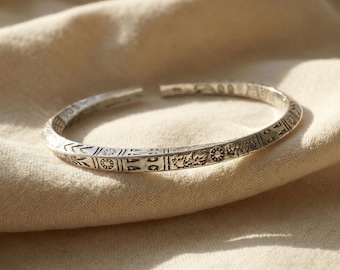 Spiritual Engraved Cuff Bracelet | Adjustable Symbol Metal Bracelet | Minimalist Open Bangle | Handmade Style Jewelry