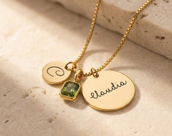 Personalized Name and Initial Necklace with Birthstone | Gold Charm Jewelry
