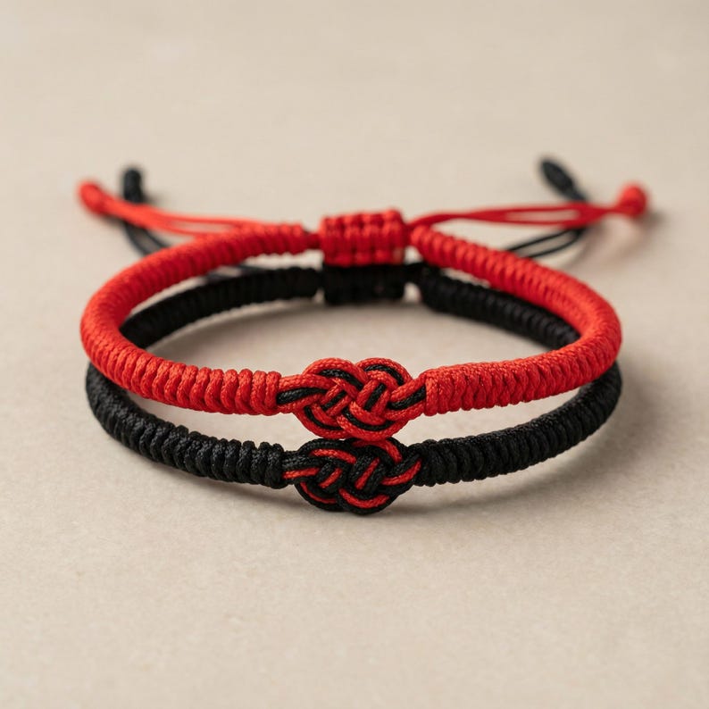Op de afbeelding: Twee bijpassende armbanden, &eacute;&eacute;n rode en &eacute;&eacute;n zwarte, worden getoond. Elke armband heeft een geweven ontwerp met een knoop in het midden. De rode armband ligt boven de zwarte armband. De achtergrond is neutraal van kleur.