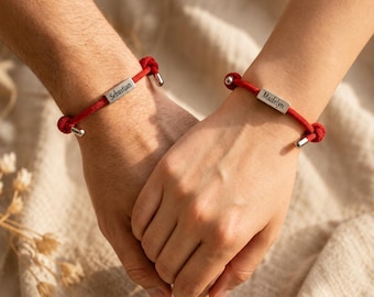 Personalized Couple Bracelets, Engraved Stainless Steel, Milan Rope, Magnetic Closure