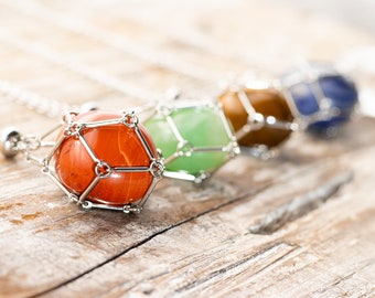 Crystal Holder Necklace, Interchangeable Crystal Necklace Holder,  Minimalist silver necklace with natural stones