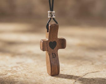 Wood Cross Necklace | Personalized Walnut wooden Cross | Handmade Christian Gift | Faith Keyring with Engraving