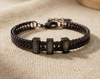 Personalized Men's Black Stainless Steel Bracelet | Engraved Kids Names for Dad