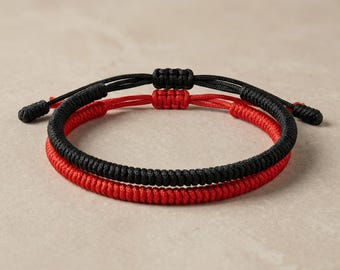 Couple Bracelets Set | Red and Black Tibetan String Bracelets | Matching Buddhist Amulet | Symbol of Connection