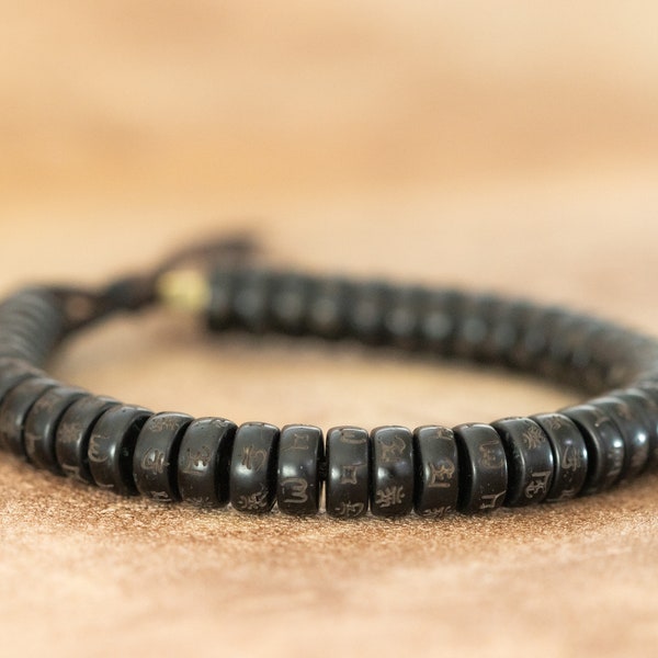 Tibetan Braided  braided cotton thread bracelet-amulet carved from natural Coconut shell beads-handmade bracelet for men