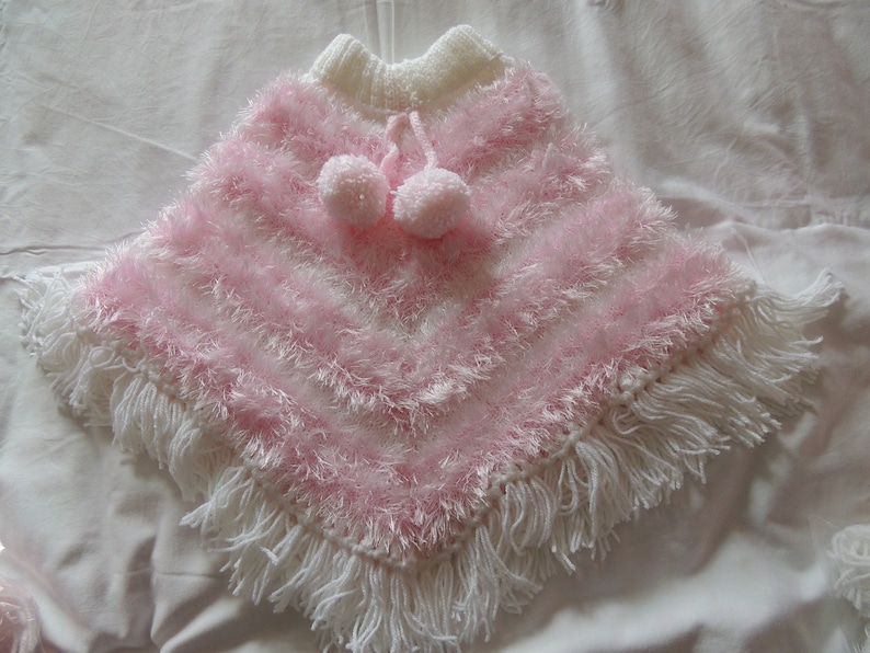 New Hand Knitted DK PinkWhite Poncho