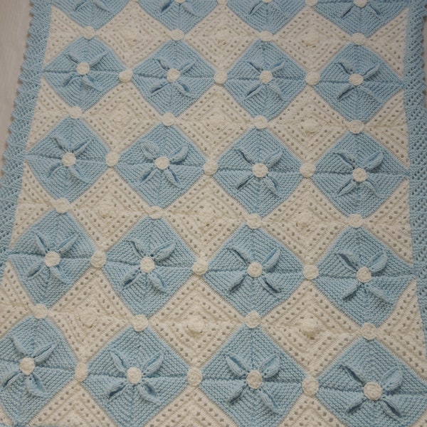 Hand knitted beautiful soft Baby Aran Blue Pram Blanket