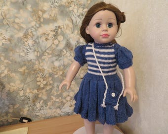 Doll clothes knitted dress blue white pleated skirt with puff sleeves shoulder bag for 43-46 cm 18 inch dolls hand knitted by kramboden