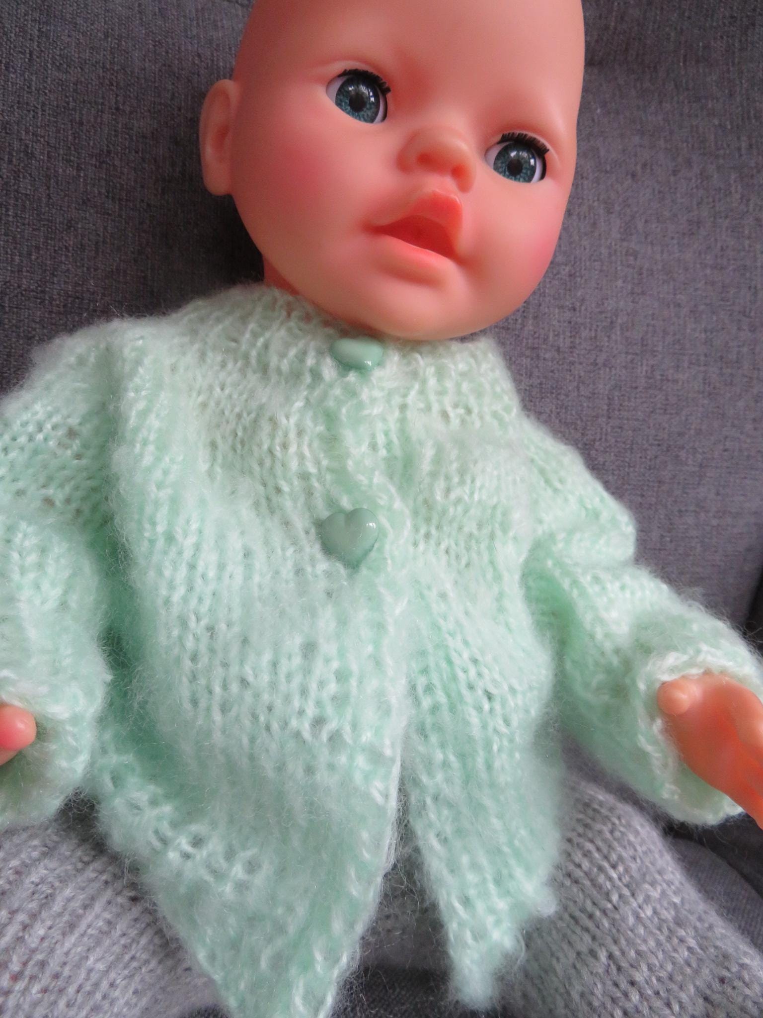 Doll clothes cardigan green light green fluffy for 43-46 cm 18 inch dolls baby born hand-knitted by kramboden