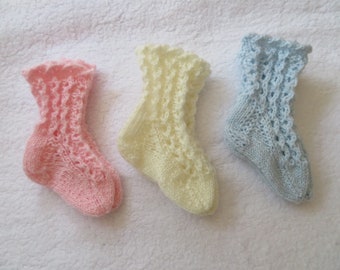 Calcetines calcetines de encaje encaje tejido a mano rosa apagado blanco medias azules tamaño. Bebés prematuros de 10 pies de longitud y 5 cm también para muñecas de Kramboden