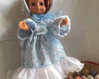Puppenkleidung hellblaues Kleid Hut Schute poke bonnet Spitzenunterhose Pantaloons  für 14" Puppe - 33-36 cm Puppen  Frühling von kramboden