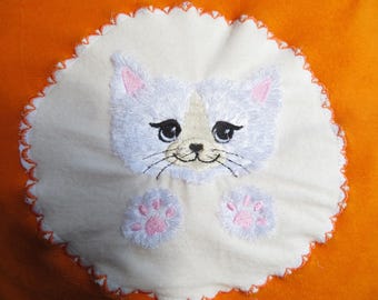 Pillowcase, cat/kitten design, terry cloth, embroidered, orange/white, fluffy, 40 x 40 cm, hotel closure, by Kramboden