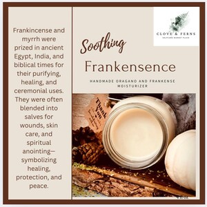 May include: A jar of handmade frankensence moisturizer with the text "Soothing Frankensence". The jar is on a wooden surface with a pine cone and a small tag that says "Thank You". The product is 4 fl oz.