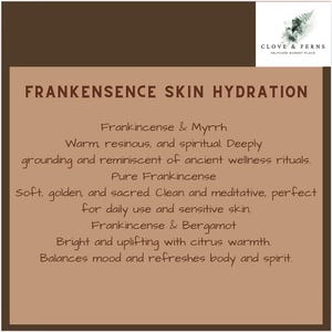 May include: A brown graphic with the text "FRANKENSENCE SKIN HYDRATION" and product descriptions. The top right corner features a logo with the words "CLOVE & FERNS SELFCARE MARKET PLACE".