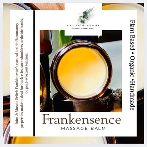 May include: A jar of Frankensence massage balm with a golden yellow color. The label reads "Plant Based, Organic, Handmade." Text on the side states the balm is for joint and muscle relief.