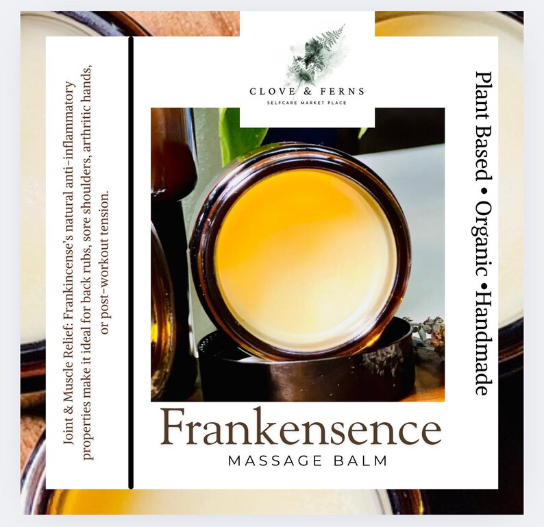May include: A jar of Frankensence massage balm with a golden yellow color. The label reads "Plant Based, Organic, Handmade." Text on the side states the balm is for joint and muscle relief.