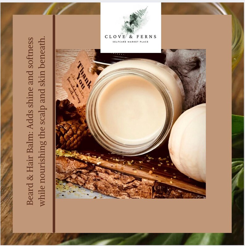 May include: A jar of beard and hair balm with a light beige cream. The image includes a small tag that says "Thank You". The text on the left says "Beard & Hair Balm: Adds shine and softness while nourishing the scalp and skin beneath."