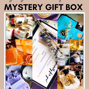 May include: A collage of handmade gift items from Veezbeadz Handmade Boutique. The image features a variety of products, including soaps, candles, essential oils, and gift boxes. The text "MYSTERY GIFT BOX" is displayed at the top.