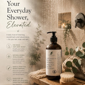 Puede incluir: Un frasco dispensador marrón de champú y gel de baño herbal Clove & Ferns con jengibre, pomelo y jabón negro de cúrcuma, sobre un taburete de madera junto a una toalla beige y un cepillo redondo de madera con cerdas blancas en una ducha.