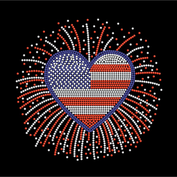 American Flag Heart Fireworks Patriotic Rhinestone Design Hotfix Motif DIY Bling