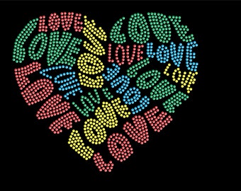 Love Love Love Heart Rhinestone Design Hotfix Motif DIY Bling