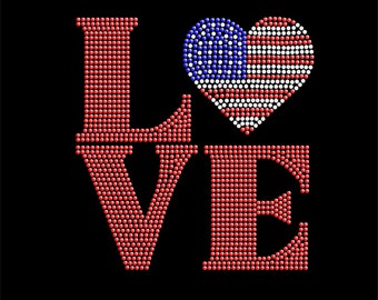 USA Flag Heart Love Rhinestone Design Hotfix Motif DIY Bling Choose your color