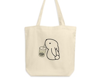 Cute Bunny Rabbit Drinking Boba Milk Tea Eco Tote Bag