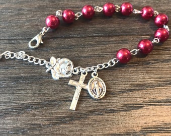 Pink Rose Catholic Rosary Bracelet ~ Catholic Gift
