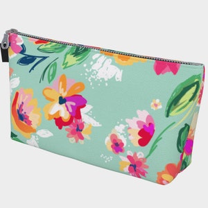 Teal Flowers Makeup Bag, Large Makeup Bag, Canvas Makeup Bag, Denim Makeup Bag, Cosmetic Bag, Sorority Gifts