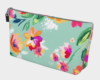 Borsa per il trucco con fiori color acquamarina, borsa per il trucco grande, borsa per il trucco in tela, borsa per il trucco in denim, borsa per cosmetici, regali per sorellanza