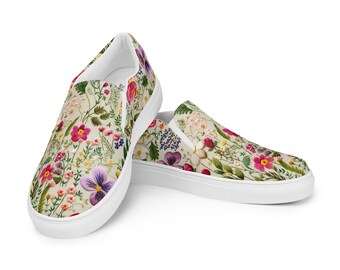 Embroidered Wildflowers Floral Women’s Printed slip-on canvas shoes, Custom Printed, Colorful Women's Casual Shoe