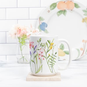 Wildflower Bouquet 15oz. Mug | Pressed Wildflowers Mug | White Ceramic Mug | 15 oz. Mug | Dishwasher Safe Mug