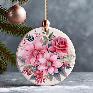 Pink Christmas Flowers Double Sided Ceramic Ornament, Keepsake Gift, Ornament with Ribbon, Floral Ornaments, Secret Santa Gift