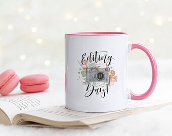 Editing Day Photographer&#39;s Coffee Mug, Novelty Mug, Floral Design, Pink Ceramic Mug, Camera Mug, Christmas in July | Christmas Gift