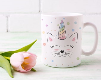 Caticorn Coffee Mug, Novelty Mug, Rainbow Design, Ceramic Mug, Gift for Friend, Cat Mug, Unicorn Mug, Drinkware, father's day, Humorous