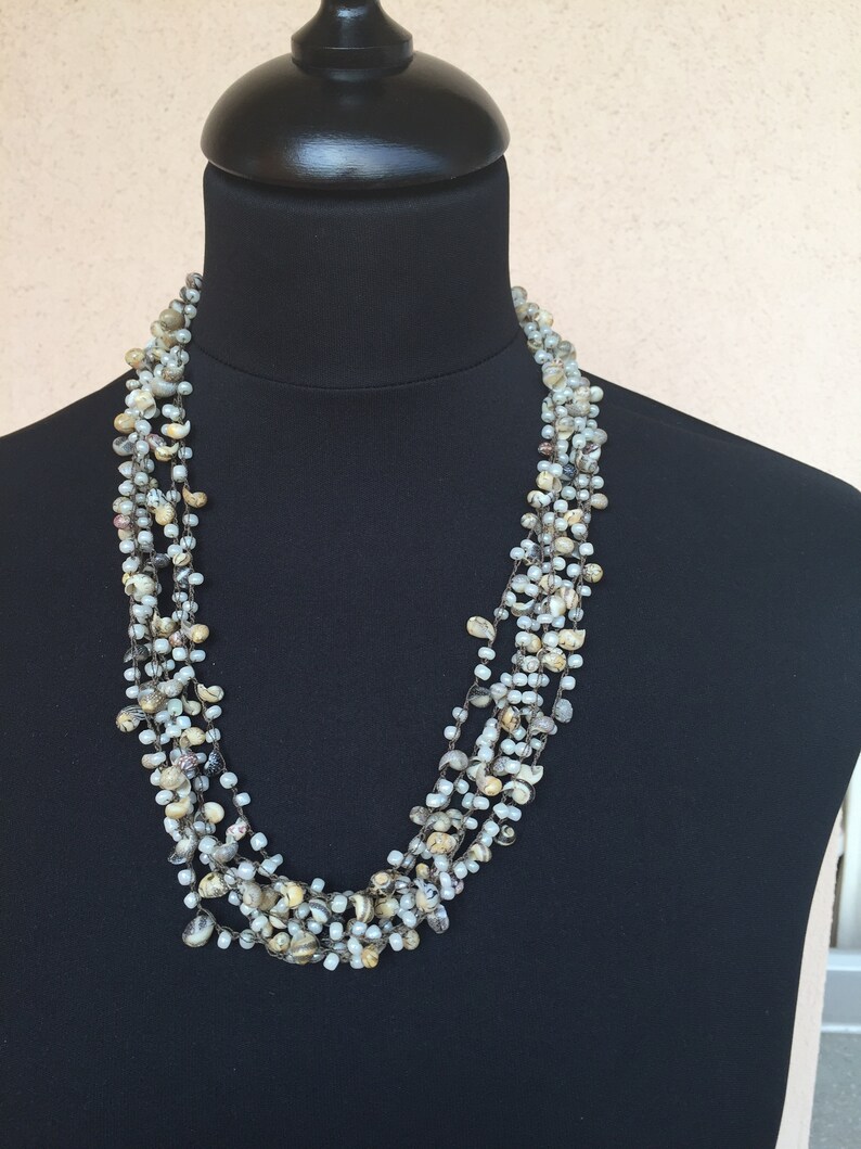 Crocheted jewelry necklace little shells and seed beads