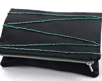 Black Satin Foldover Clutch with Green Glass Bead Embellishment