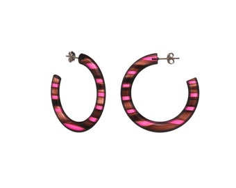 Mary earrings in Night Pink, Small hoop earrings, Pink stripes earrings, Slow fashion earrings, Acetate and Silver jewelry, 925 silver