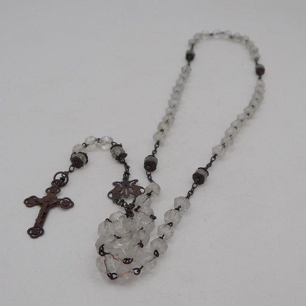 Jolie Chapelet Vintage,Perles en verre,transparente,Pendentif Croix,métal argenté,Cadeau Anniversaire,cadeau baptême,religion,spiritualité