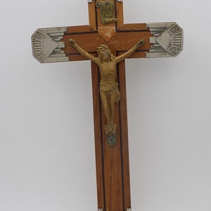 Traditional French, Tin, wood cross Cross and Bronze, 40&#39;s, pretty Piece Deco deco lounge gift baptism, religion, spirituality