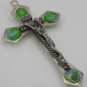Vintage pendant, religious pendant, cross pendant, silver, green pearls, baptism gift, gift for women, girls, vintage jewelry, vintage gift