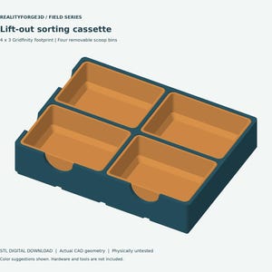 May include: A dark blue lift-out sorting cassette with four removable orange scoop bins. The text reads: REALITYFORGE3D / FIELD SERIES, Lift-out sorting cassette, 4 x 3 Gridfinity footprint | Four removable scoop bins, STL DIGITAL DOWNLOAD.