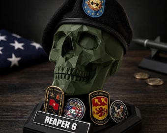 Personalized Beret Display Stand | 3D Printed Military Skull with Coin Holder Base & Nameplate | Veteran Retirement Gift
